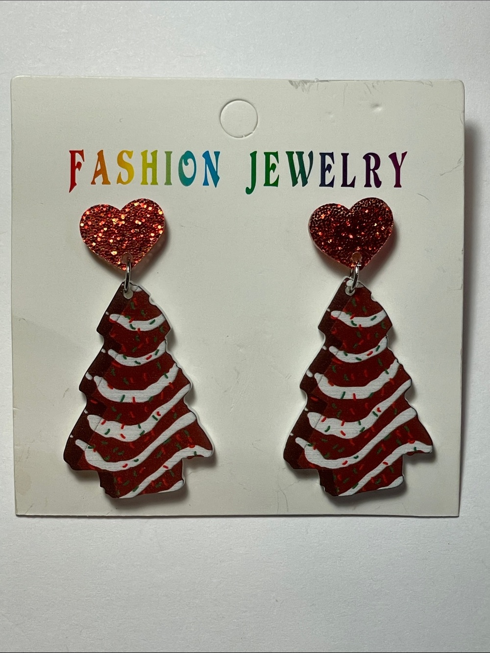 Fashion Jewelry Red Glitter Heart & Snack Cake Tree Drop Earrings